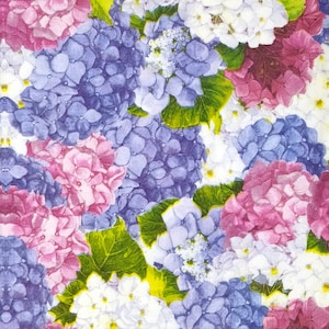 Q107 # 3 Stück einzelne Papierservietten für Decoupage, Bastelgewebe, Blau Rosa Weiß Hortensien Blumen Muster