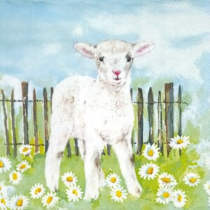 T369# 3 stuks enkele papieren servetten voor decoupage, knutselpapier, wit lamsschaapje staand op groen gras met madeliefje bij houten hek