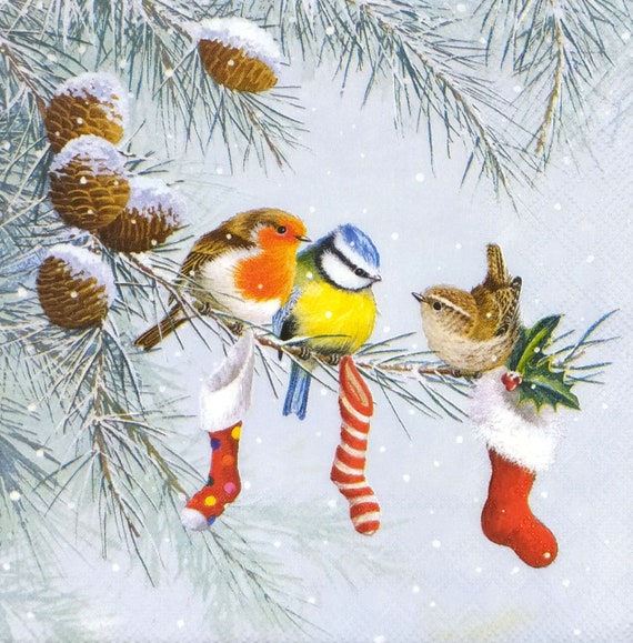 P486# 3 Pieces Of Single Paper Napkins for Decoupage, Craft Tissue, Three Winter Birds Titmouse On Branches With Stockings