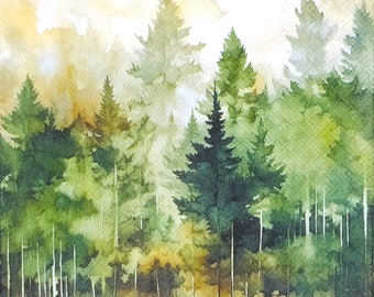 T768# 3 Pieces Of Single Paper Napkins for Decoupage, Craft Tissue, Autumn Spruce Fir Forest In The Mist Fog Brown Green Trees