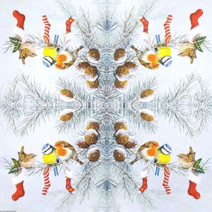 May include: A festive, symmetrical design featuring colorful birds perched on pine branches. The image includes red and white striped candy canes, miniature red stockings, and pine cones dusted with snow, creating a holiday theme.