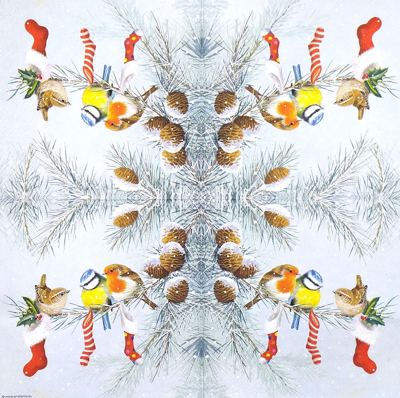 May include: A festive, symmetrical design featuring colorful birds perched on pine branches. The image includes red and white striped candy canes, miniature red stockings, and pine cones dusted with snow, creating a holiday theme.