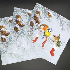 May include: Three square paper napkins with a winter scene. The napkins feature illustrations of birds perched on pine branches with pine cones, snowflakes, and Christmas stockings. The birds have colorful feathers.