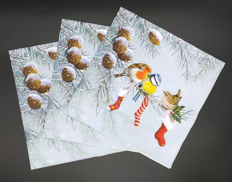 May include: Three square paper napkins with a winter scene. The napkins feature illustrations of birds perched on pine branches with pine cones, snowflakes, and Christmas stockings. The birds have colorful feathers.