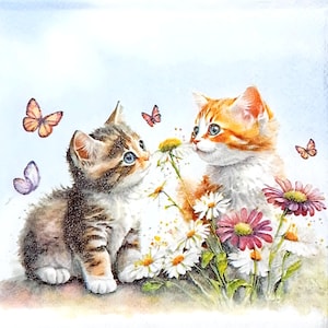 Z198 # 3 Stück KLEINE Einzel Papierservietten für Decoupage, Craft Theft Cocktail Größe, Zwei getigerte Kätzchen Katzen Zahlen auf der Blumenwiese