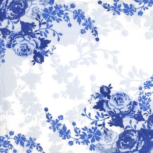 R145 # 3 stuks enkele papieren servetten voor decoupage, knutselpapier, blauwe bloemen bloeien hoek met grijs watermerk op witte achtergrond