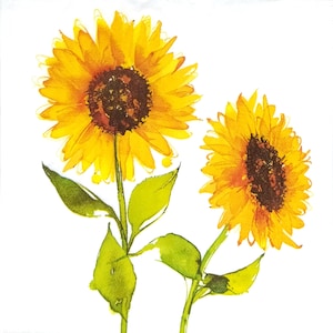 U017# 3 pedaços de guardanapos de papel individuais para decoupage, papel de seda artesanal, flores de girassol amarelas em fundo branco