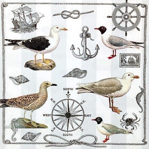 U251# 3 pezzi di tovaglioli di carta singoli per decoupage, fazzoletti artigianali, gabbiano, ancora, volante, conchiglia, motivo collage simbolo del mare