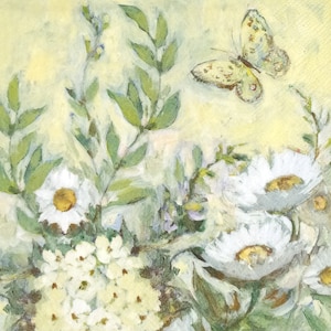 P911 # 3 Stück Papierservietten für Decoupage, Bastelpapier, pastell gemalte gelbe grüne Gänseblümchen-Blumen-Wiese mit Schmetterling