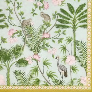 P731 # 3 Stück Servietten einzeln für Decoupage, Bastelpapier, Pastel Royal Crane Vogel Und Affe im Dschungel Muster