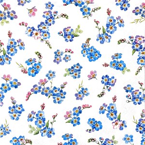 U389# 3 serviettes en papier pour découpage, papier peint artisanal, fleurs myosotis bleues sur fond blanc