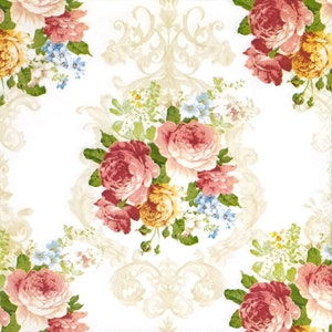 P984# 3 pezzi di tovaglioli di carta singoli per decoupage, fazzoletti artigianali, motivo floreale con rose rosse vintage e ornamenti con filigrana beige