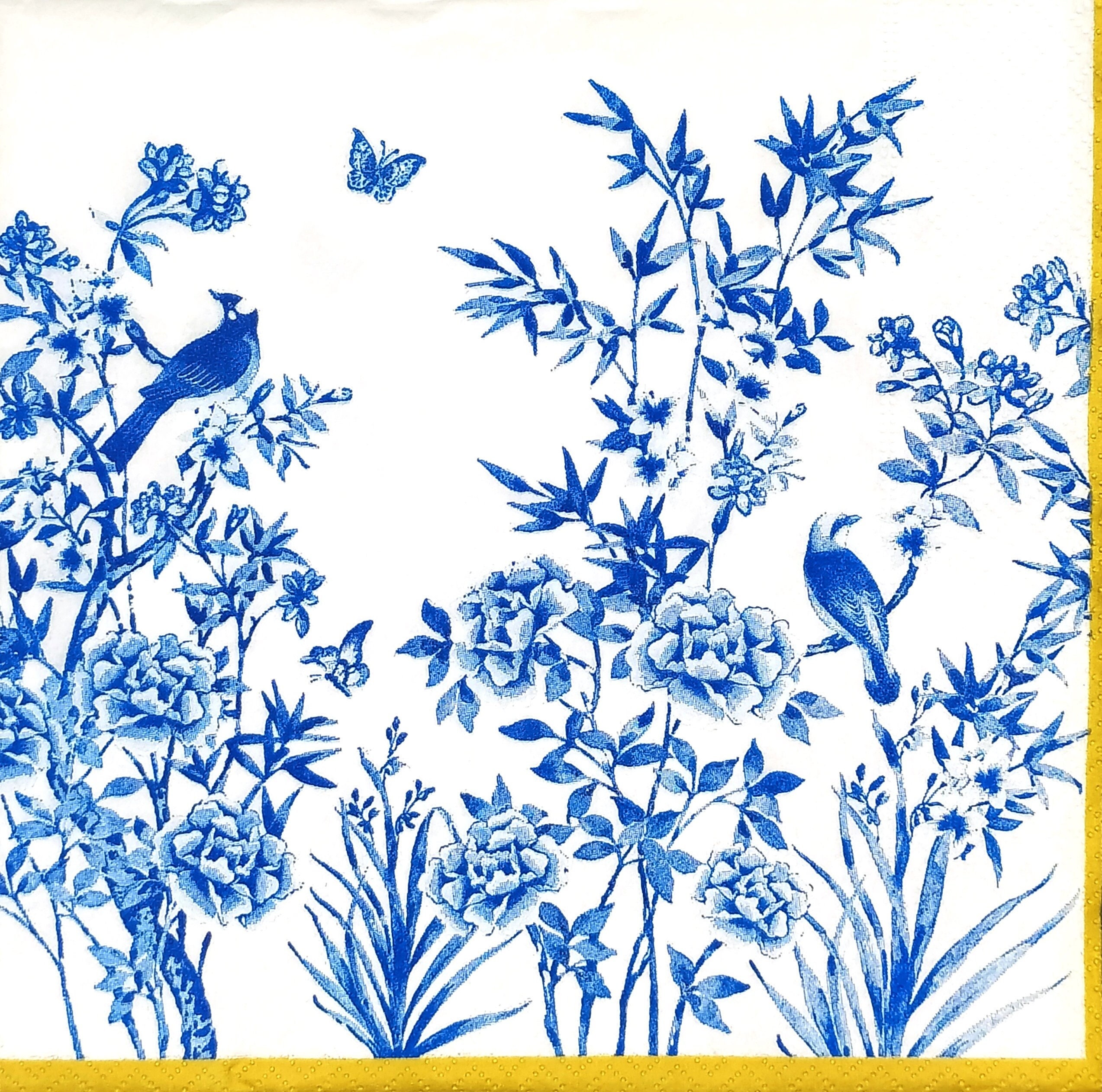 R970# 3 pezzi di tovaglioli di carta singoli per decoupage, carta velina, fiori blu, erbe e uccelli su sfondo bianco - Italia