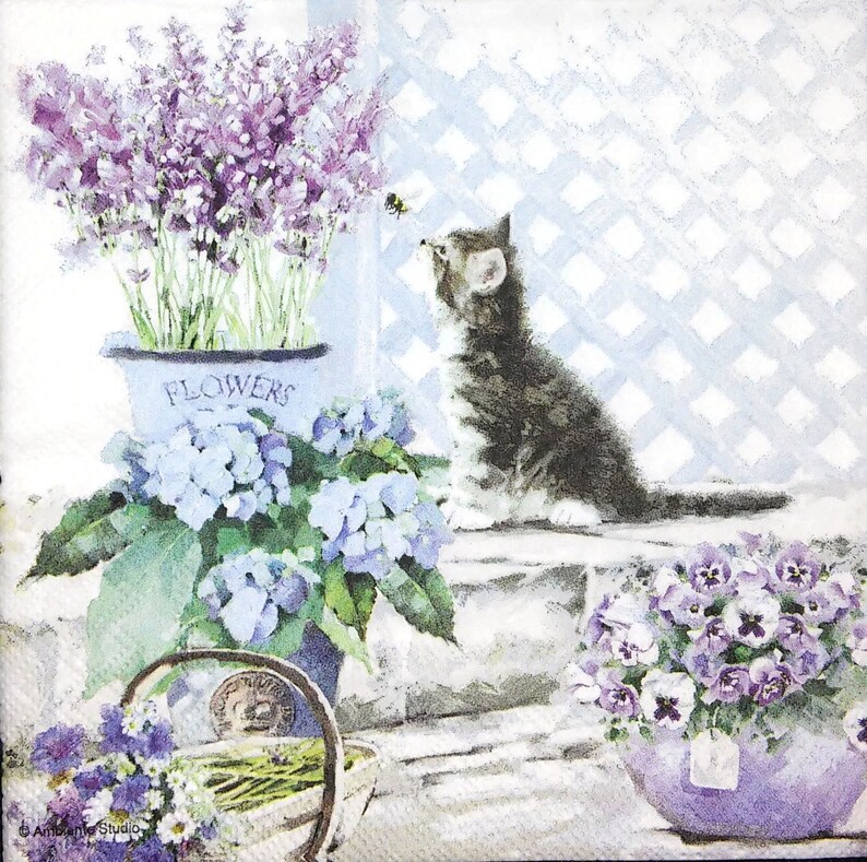 May include: A watercolor painting of a kitten looking up at a bee near a window. The kitten is sitting on a ledge with a pot of purple flowers in front of it. The pot is labeled "FLOWERS".