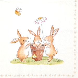 U221 # 3 Stück einzelne Papierservietten für Decoupage, Basteltücher, Ostern Lustiges Kaninchen Hase Im Blumentopf mit Daisy Blume und Biene