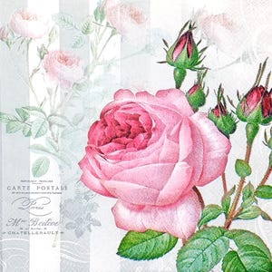 U290# 3 serviettes en papier pour découpage, papier de soie artisanal, brindille de roses rose pastel sur fond gris rayé blanc