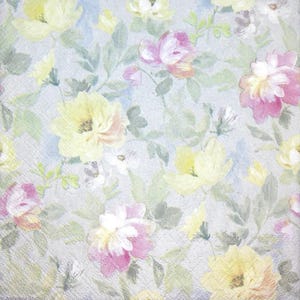 M576# 3 piezas de servilletas de papel individuales para decoupage, tejido artesanal con patrón de flores pastel en tonos morados, rosas y amarillos sobre azul claro