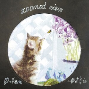 May include: A close-up of a kitten looking up at a bee hovering near a bouquet of purple flowers. The image is framed in a black circle with the text "zoomed view" at the top and measurements in inches at the bottom.