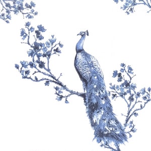 P808# 3 stuks enkele papieren servetten voor decoupage, knutselpapier, blauwwitte koninklijke pauwvogel op tak met bloemen
