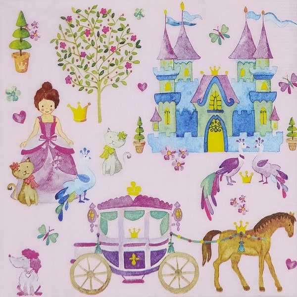 T321# 3 pièces de serviettes en papier pour découpage, papier de soie artisanal, château de princesse fée rose avec calèche avec chevaux, chats, oiseaux, chien