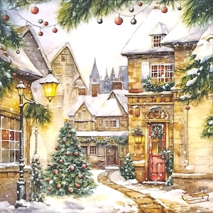 U002# 3 sztuki pojedynczych serwetek papierowych do decoupage&#39;u, papier rzemieślniczy, zimowe Boże Narodzenie Śnieżne miasto Oldtown Street Backyard With Christmas Tree