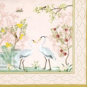 R964# 3 pezzi di tovaglioli di carta singoli per decoupage, fazzoletti artigianali, giardino cinese con uccelli esotici gru su rosa chiaro
