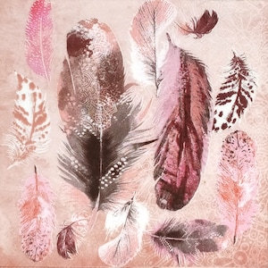 P103 # 3 serviettes en papier pour découpage, papier de soie artisanal, motif plumes d'oiseaux peintes en brun rose sur fond rose