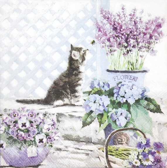 M651# 3 Pieces Of Single Paper Napkins for Decoupage, Craft Tissue, Painted Tabby Cat Kitten Watching Bee Surounded By Lavender Flowers