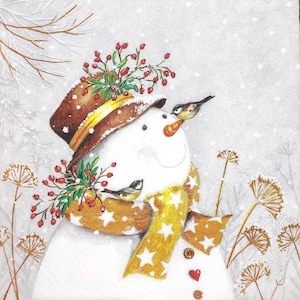 N065# 3 Pieces Of Single Paper Napkins for Decoupage, Craft Tissue,  Winter Snowman With Hat, Scarf And Titmouse Bird On Nose