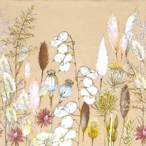 P543# 3 pezzi di tovaglioli di carta riciclata singoli per decoupage, fazzoletti artigianali, collage di prati di erbe secche su beige