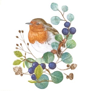 Z126 # 3 Stück KLEINE einzelne Papierservietten für Decoupage Cocktail Größe, Craft Tüll, Rotkehlchen Vogel Auf Grünen Eukalyptus Zweigen Mit Blauen Beeren