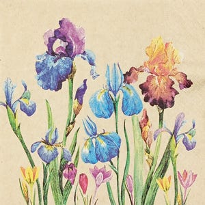 Z214# 3 servilletas pequeñas de papel reciclado para decoupage, tamaño cóctel, papel de seda artesanal, diseño de prado de flores azules y moradas sobre papel kraft beige