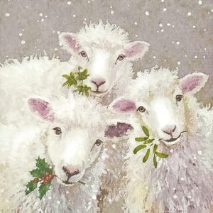 Z103# 3 pezzi di PICCOLI tovaglioli di carta singoli per decoupage, tessuto artigianale formato cocktail, pecora agnello con ramoscelli verdi in inverno nevoso grigio
