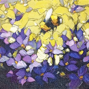 Z223# 3 pezzi di tovaglioli di carta singoli PICCOLI per decoupage formato cocktail, veline artigianali, fiori astratti blu viola viola con ape