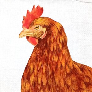U306# 3 servilletas de papel individuales para decoupage, papel de seda para manualidades, cabeza de gallina, gallo y pollo pintada en marrón sobre lienzo gris
