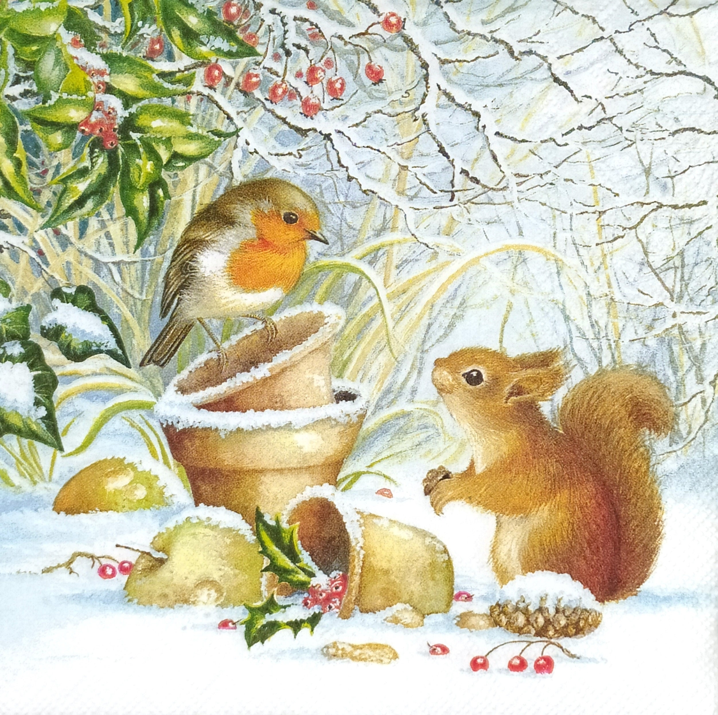 Q742 #3 stuks enkele papieren servetten voor decoupage, knutselpapier, winterkerst besneeuwde eekhoorn en roodborstje in de buurt van voederpotten - Nederland