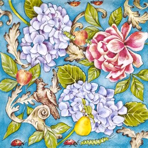 S561# 3 pezzi di tovaglioli di carta singoli PICCOLI per decoupage formato cocktail, tessuto artigianale, fiore di ortensia blu dipinto e uccello marrone
