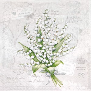 N134 # 3 serviettes en papier pour découpage, papier de soie artisanal, bouquet de fleurs de muguet sur fond gris vintage