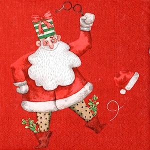 Z173# 3 Pieces Of SMALL Single Paper Napkins for Decoupage, Craft Tissue Cocktail Size, Funny Christmas Santa Claus Dancing With Glasses