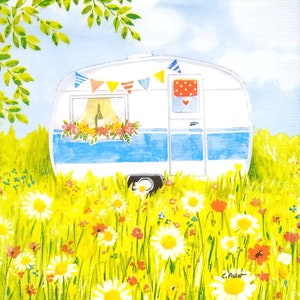R360# 3 Pieces Of Single Paper Napkins for Decoupage, Craft Tissue, Summer Camper Camping Van In Flower Meadow