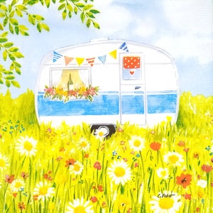 R360# 3 pezzi di tovaglioli di carta singoli per decoupage, fazzoletti artigianali, camper estivo in un prato fiorito