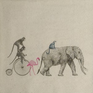 T521# 3 pezzi di tovaglioli di carta singoli per decoupage, carta velina artigianale, elefante, fenicottero e scimmia che guidano una bicicletta d'epoca su carta kraft