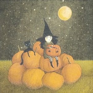 T921# 3 Piece Of Single Paper Napkins for Decoupage, Craft Tissue, Black Witch Girl And Black Cat Sitting On Orange Halloween Pumpkins Pile