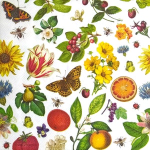 T494 # 3 Stück Papierservietten für Decoupage, Papierservietten zum Bemalen, Gelb, Rot, Orange, Blumen, Obst, Beeren, Muster auf Weiß