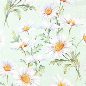 U341# 3 serviettes en papier pour découpage, papier de soie artisanal, fleurs de marguerite camomille jaune blanc, motif floral sur vert menthe