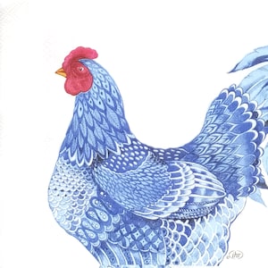 S373# 3 pezzi di PICCOLI tovaglioli di carta singoli per decoupage, veli artigianali formato cocktail, ritratto di gallina e gallo blu bianco
