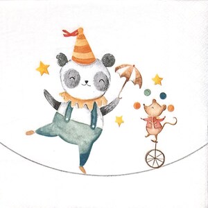 R749 # 3 Stück Servietten einzeln für Decoupage, Stofftiere, Tiere Panda Und Maus Balancieren Auf Zirkus Seil Mit Fahrrad und Regenschirm