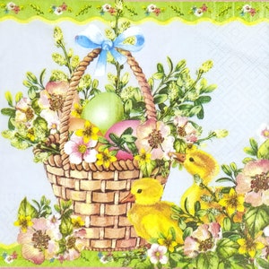 Q090# 3 serviettes en papier pour découpage, papier peint artisanal, panier de Pâques avec fleurs colorées, œufs colorés et petits canards