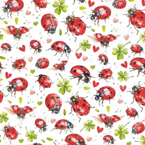 T380# 3 pezzi di tovaglioli di carta singoli per decoupage, fazzoletti artigianali, coccinella rossa coccinella verde trifoglio fortunato su sfondo bianco
