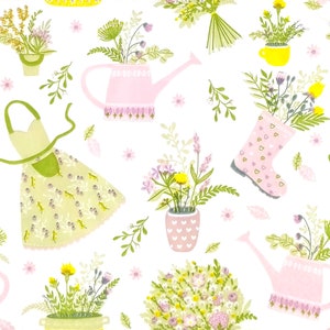 May include: A repeating pattern featuring gardening-themed illustrations. Pink watering cans, a light green apron, and a pink rain boot are filled with colorful flowers. The background is white with small pink flowers and green leaves.